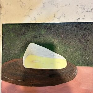 Hand painted Cheese Art Canvas with Dark Green and Mauve Background.  10 x 8